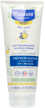Biała tubka Mustela Lait Nourrissant au Cold Cream 200ml na suchą skórę, dla dzieci od dnia narodzin, widok z przodu.