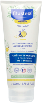 Biała tubka Mustela Lait Nourrissant au Cold Cream 200ml na suchą skórę, dla dzieci od dnia narodzin, widok z przodu.