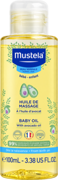 Mustela Baby Oil, Huile de Massage z olejkiem awokado w żółtej butelce 100ml dla niemowląt, widok z przodu.