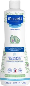 Mustela Płyn Bąbelkowa Kąpiel 750ml, biała butelka z zielono-niebieską etykietą i awokado, widok z przodu.