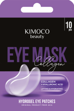 Fioletowe pudełko Kimoco Beauty Eye Mask Collagen, hydrożelowe płatki pod oczy liftingujące, widok z przodu.