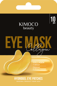 Kimoco Beauty hydrożelowe płatki pod oczy z kolagenem i złotem, ujędrniająco-rozświetlające, 10 sztuk, w czarno-złotym opakowaniu.