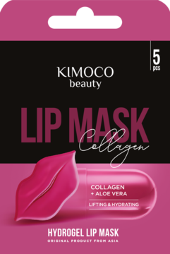 Kimoco Beauty Hydrogel Lip Mask Collagen+Aloe Vera, 5 sztuk. Czarne opakowanie z różowymi detalami i ustami.