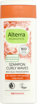 Alterra Szampon Curly Waves w białej butelce z pomarańczową nakrętką, widok z przodu. Do włosów falowanych i kręconych.