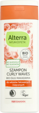 Alterra Szampon Curly Waves w białej butelce z pomarańczową nakrętką, widok z przodu. Do włosów falowanych i kręconych.