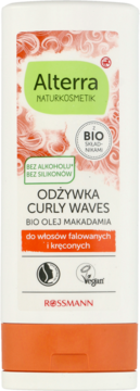 Biało-pomarańczowa butelka Alterra Curly Waves, odżywka bez alkoholu/silikonów, dla włosów kręconych.