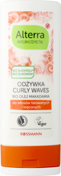 Alterra Odżywka Curly Waves w białej butelce z pomarańczowym spodem, do włosów falowanych i kręconych, z bio olejem makadamia.