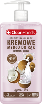 Różowe mydło Clean Hands Kremowe Mydło do Rąk z ekstraktem kokosa, 91% naturalne, butelka z pompką, front.