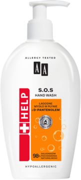 AA S.O.S Hand Wash, łagodne mydło w płynie z D-pantenolem, biała butelka z pompką, widok z przodu.