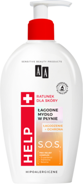 AA HELP S.O.S. mydło w płynie hipoalergiczne, biała butelka z czerwoną etykietą "HELP", pompka, widok z przodu.