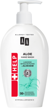 Biała butelka mydła AA HELP ALOE HAND WASH z pompką, widok z przodu, z etykietą 'ALOE' i grafiką aloesu.