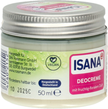 Isana Deocreme w 50ml szklanym słoiczku, o owocowo-kwiatowym zapachu, z metalową zakrętką, widok z przodu pod kątem.