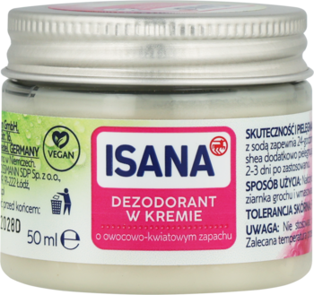 Isana dezodorant w kremie 50ml. Biały słoiczek z różowo-białą etykietą, widok z przodu, owocowo-kwiatowy.