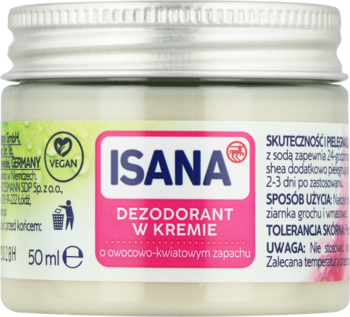 Isana dezodorant w kremie 50ml w jasnym słoiczku z srebrną zakrętką, z przodu, o owocowo-kwiatowym zapachu.