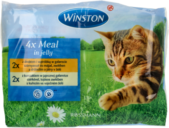 Winston mokra karma dla kotów 4x Meal in jelly, opakowanie z rudym kotem na tle łąki, widok z przodu.