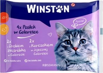 Winston, fioletowo-niebieska karma dla dorosłych kotów w galarecie, 4 saszetki: 2x kurczak, 2x drób/wątróbka, bez cukru/zbóż.