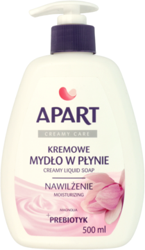 Białe, kremowe mydło w płynie Apart Magnolia Prebiotyk 500ml, z pompką. Widok z przodu, lekko pod kątem.