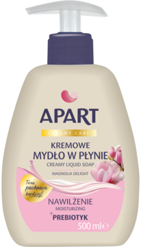 Kremowe mydło w płynie Apart Creamy Care Magnolia Delight 500ml. Jasnobeżowa butelka z pompką, widok z przodu.