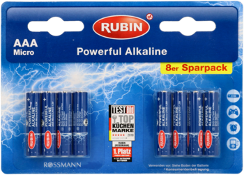 Front view of Rubin AAA Micro Powerful Alkaline batteries 8-pack in blue blister pack with Rossmann branding.