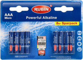 Front view of Rubin AAA Micro Powerful Alkaline batteries 8-pack in blue blister pack with Rossmann branding.
