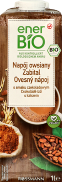 Wegański napój owsiany EnerBIO bio o smaku czekoladowym w brązowym kartonie, z przodu, z grafiką ziaren kakao.