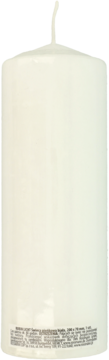 Biała świeca pieńkowa 200x70 mm, paląca się około 80 godzin, widok z przodu, z knotem u góry.