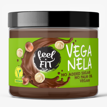 Słoik Feel FIT Veganela, wegański krem kakaowo-laskowy bez cukru i palmy, zielona etykieta, widok z przodu.
