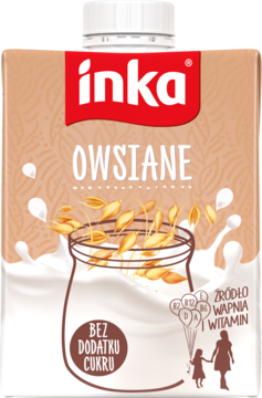 Pionowe ujęcie beżowego kartonu Inka Owsiane, napój owsiany bez cukru. Z płatkami owsianymi i białymi wzorami.