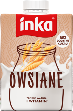 Inka Owsiane napój owsiany 500ml, karton biało-czerwony z motywem zbóż, bez dodatku cukru, widok z przodu.