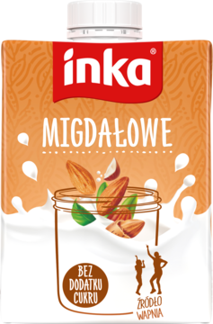 Inka Migdałowe, napój migdałowy bez cukru, pomarańczowo-biały karton z migdałami i informacją o wapniu.