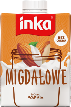 Inka Migdałowe 500ml, napój roślinny bez cukru. Pomarańczowy karton z grafiką migdałów w słoiku, widok z przodu.