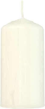 Biała świeca pieńkowa o wymiarach 120x60 mm z widocznym knotem na wierzchu, widok z przodu.