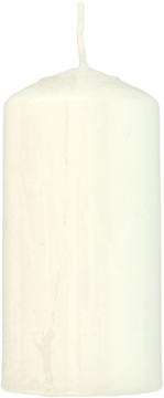 Biała świeca pieńkowa o wymiarach 120x60 mm z widocznym knotem na wierzchu, widok z przodu.