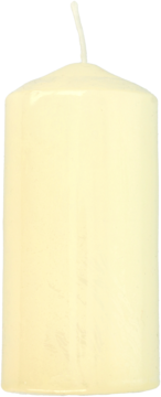 Szampańska świeca pieńkowa 120x60 mm, gładka, z białym knotem, widok pionowy z przodu.