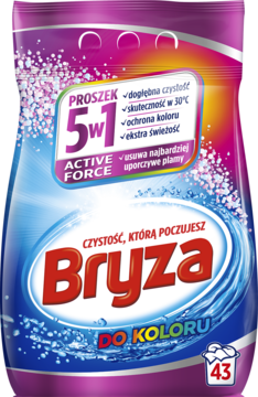 Różowo-niebieski proszek do prania Bryza Active Force 5w1 do kolorowych tkanin, widok z przodu, napis 43.