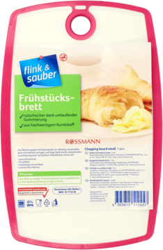 Tył różowej deski śniadaniowej Flink & Sauber z opakowaniem Rossmann, widoczny tekst, obrazek rogalików.