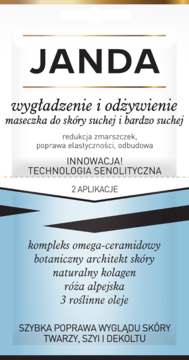 Janda maseczka senolityczna dla skóry suchej, biała saszetka z niebieskim dołem. Wygładza, odżywia, z kolagenem.