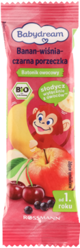 BABYDREAM ,batonik owocowy dla dzieci, Banan, Wiśnia i Czarna Porzeczka, od 1. roku życia,przód