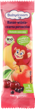 Czerwony batonik owocowy Babydream Banan-wiśnia-czarna porzeczka z grafiką małpki i owoców, od 1. roku.