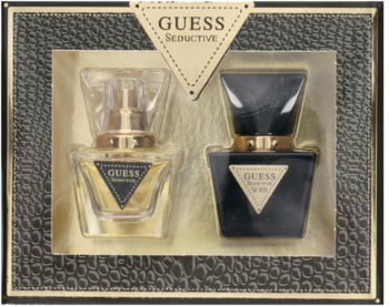 Zestaw damskich perfum Guess Seductive w eleganckim, ciemnym pudełku; złoty i czarny flakon, widok z przodu.