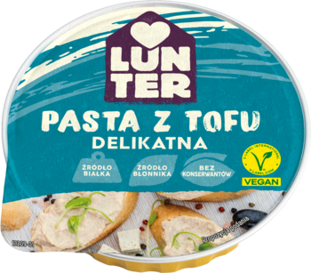 Okrągłe opakowanie Lunter Pasta z Tofu Delikatna, wegańska, źródło białka, widok z góry na grafikę kanapek.