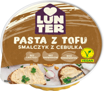 Okrągłe opakowanie Lunter Pasta z Tofu Smalczyk z Cebulką, brązowa etykieta, wegańska, widok z góry.