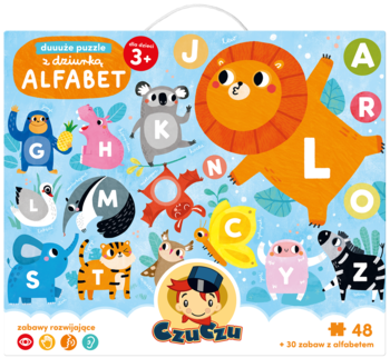 Frontowe pudełko edukacyjnych puzzli Czuczu ALFABET 3+ z wesołymi zwierzętami i kolorowymi literami, 48 el.
