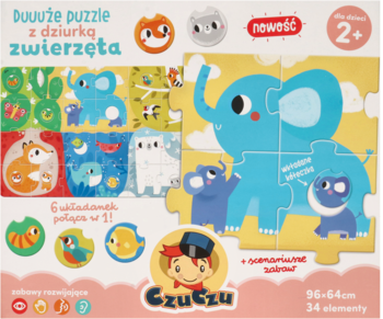 Duże edukacyjne puzzle CzuCzu "Zwierzęta" dla dzieci 2+, z ilustracją słonia i 6 mniejszych układanek.