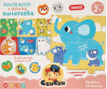Duże edukacyjne puzzle CzuCzu "Zwierzęta" dla dzieci 2+, z ilustracją słonia i 6 mniejszych układanek.