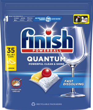 Niebieskie opakowanie kapsułek Finish Quantum Lemon 35 szt., z logo, wizualizacją tabletki i kieliszka.