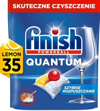 Finish Powerball Quantum Lemon 35, niebieska paczka skutecznych kapsułek do zmywarki, z cytrynami.
