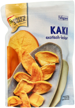 Białe opakowanie Farmer's Snack z suszonymi owocami kaki, widok z przodu, z grafiką owoców i napisem 'Vegan'.