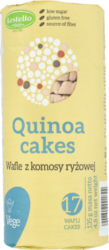 Żółta torebka wafli ryżowych Lestello Quinoa cakes, bezglutenowych, niskocukrowych, 17 sztuk.