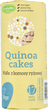 Żółta torebka wafli ryżowych Lestello Quinoa cakes, bezglutenowych, niskocukrowych, 17 sztuk.